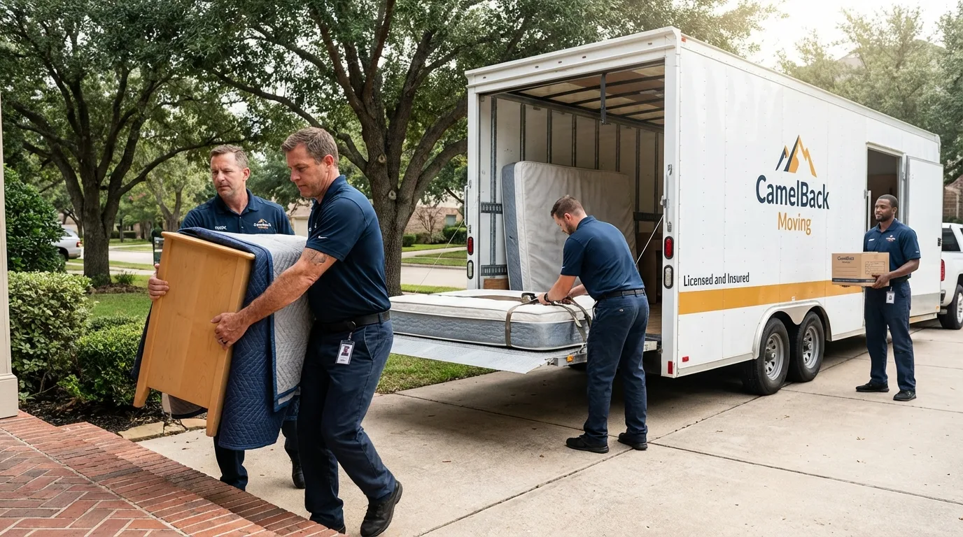 Crew loading residential truck for cross-state move from Brawley, CA