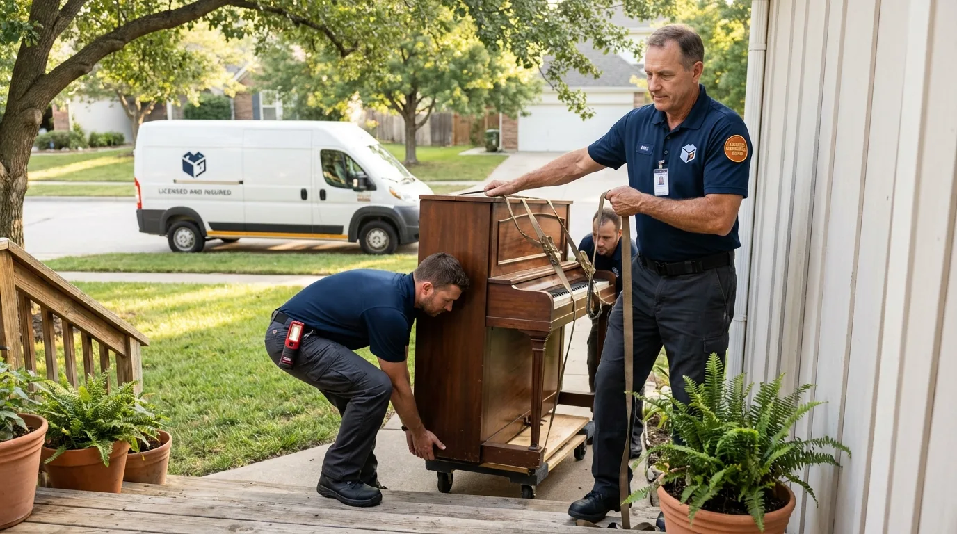 Licensed piano movers securing grand piano in Brawley, CA